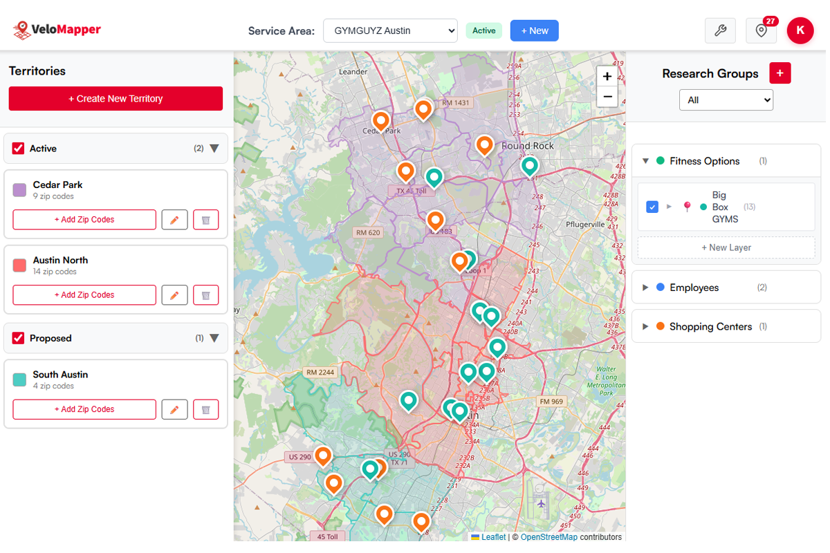 Area Manager Map VeloMapper - Service Territory Mapping & Operations Platform